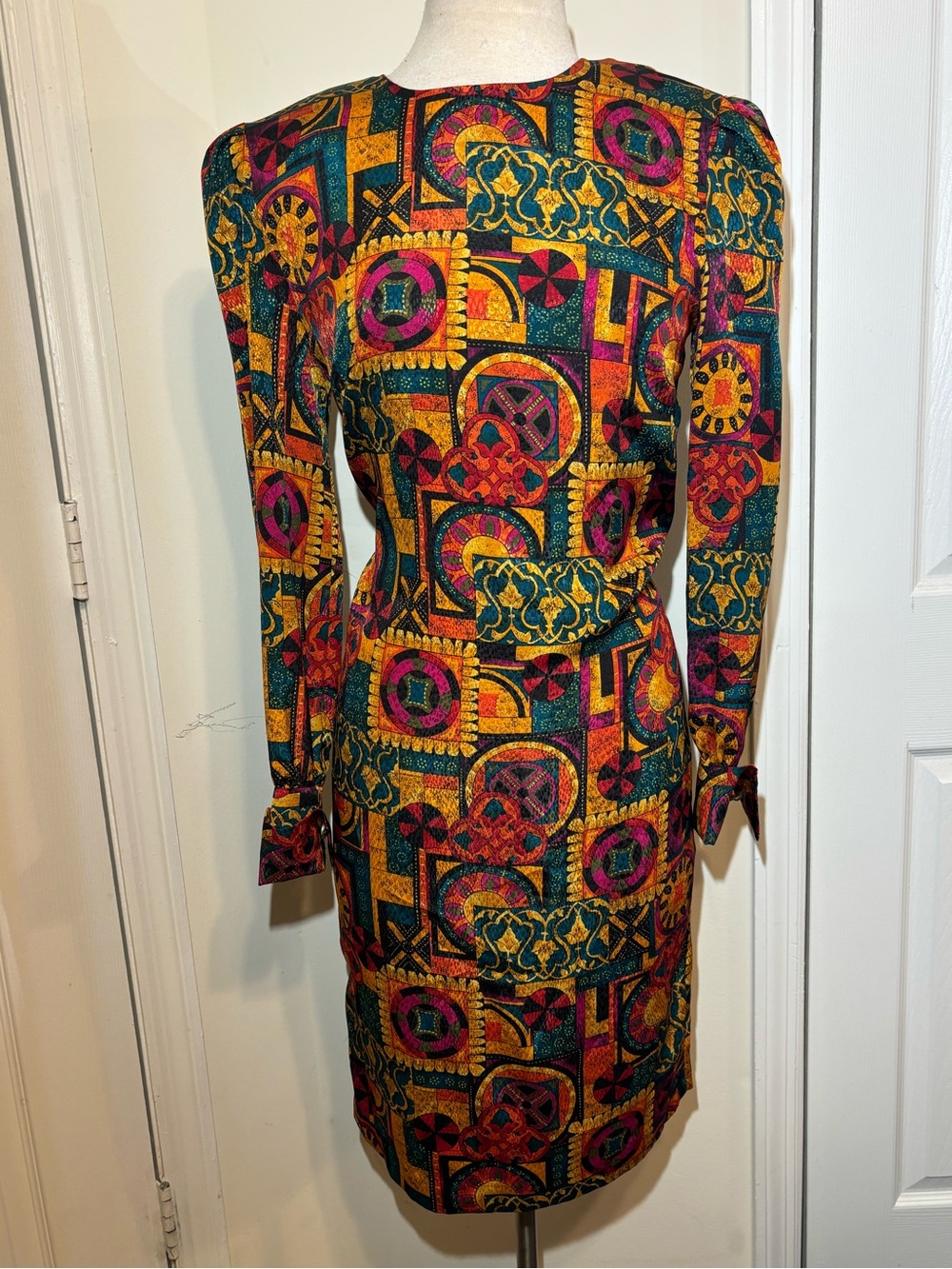 Multicolor Geometric Print Long Sleeve Dress